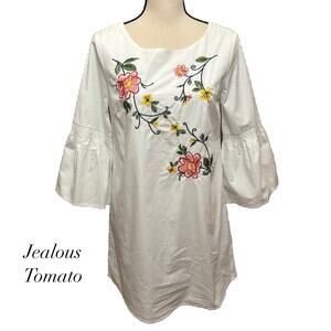 Jealous Tomato White Floral Boho Flare Sleeve Mini Tunic Dress NWT Size S